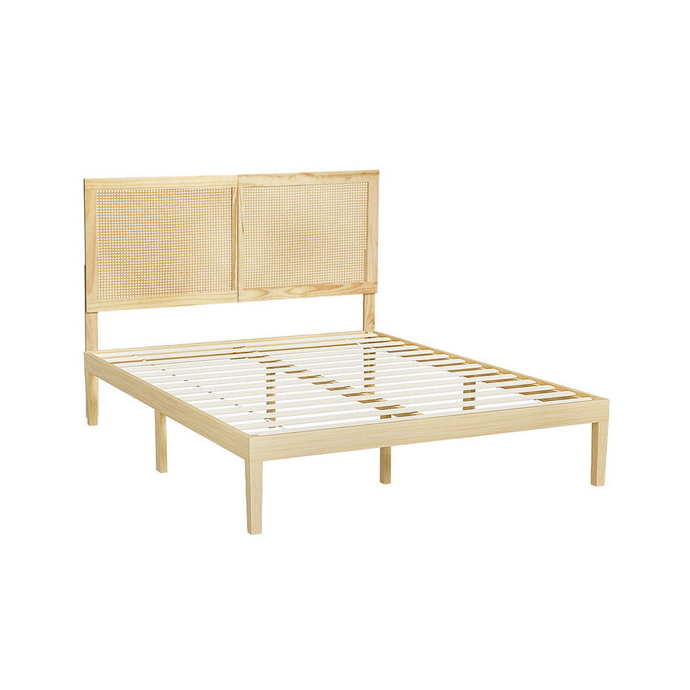 Artiss Bed Frame Queen Size with Rattan Headboard Wooden Bed Base BRUNO