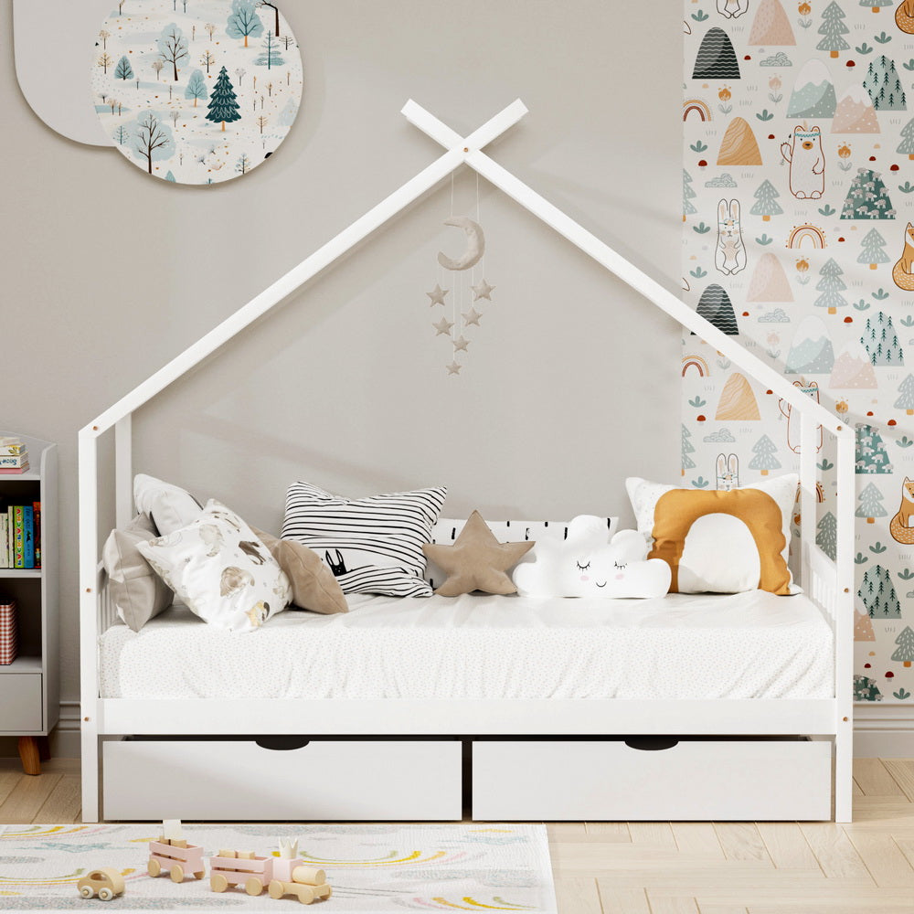 Artiss Bed Frame Wooden Base Kids Single Timber House with 2 Storage Drawers Beds White