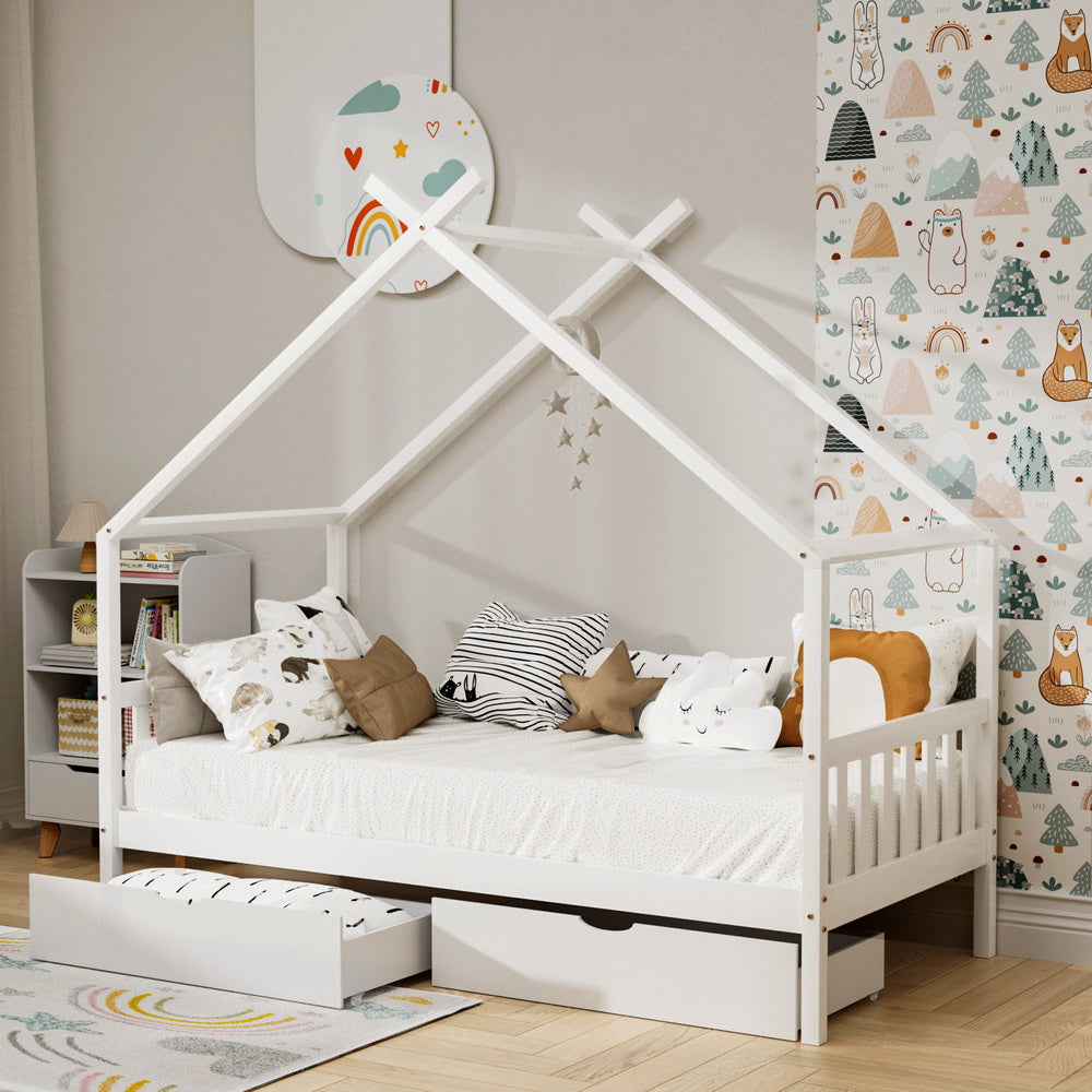 Artiss Bed Frame Wooden Base Kids Single Timber House with 2 Storage Drawers Beds White
