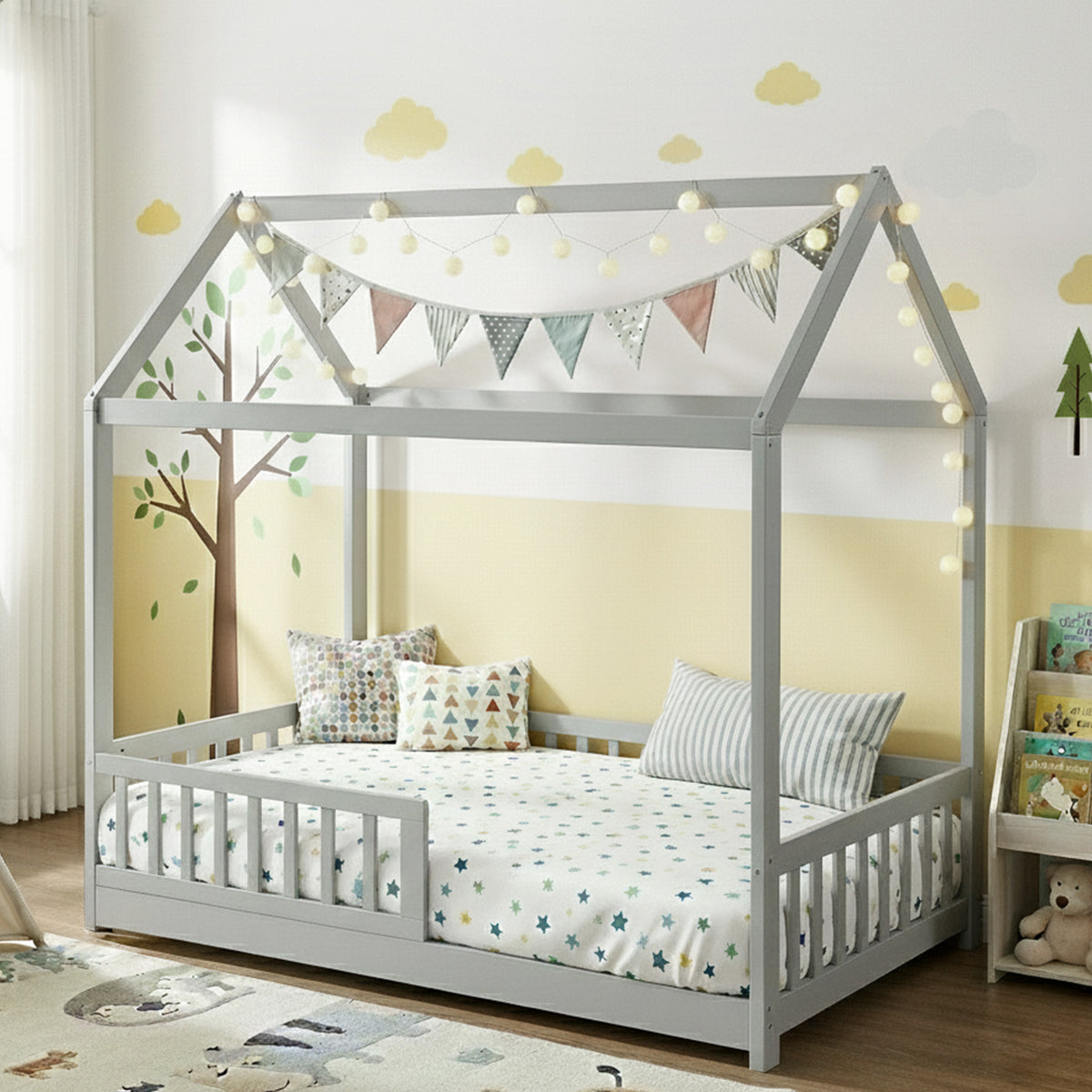 Artiss Bed Frame Wooden Kids House Frame Grey ROCK