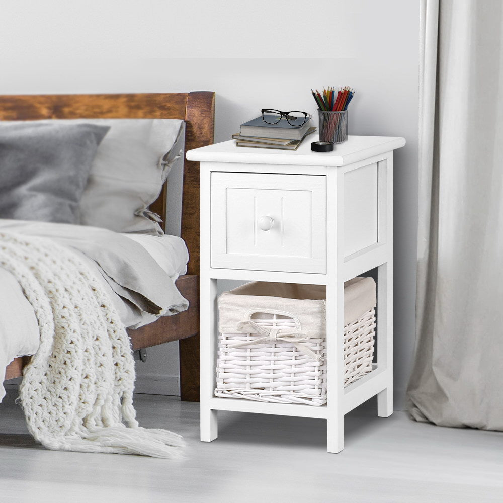 Artiss Bedside Table 1 Drawer with Basket Rustic White X2