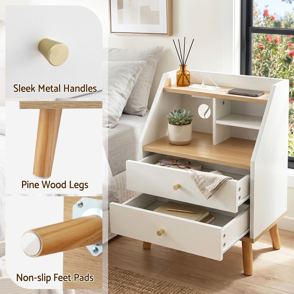 Artiss Bedside Table 2 Drawers Charging Station White and Pine