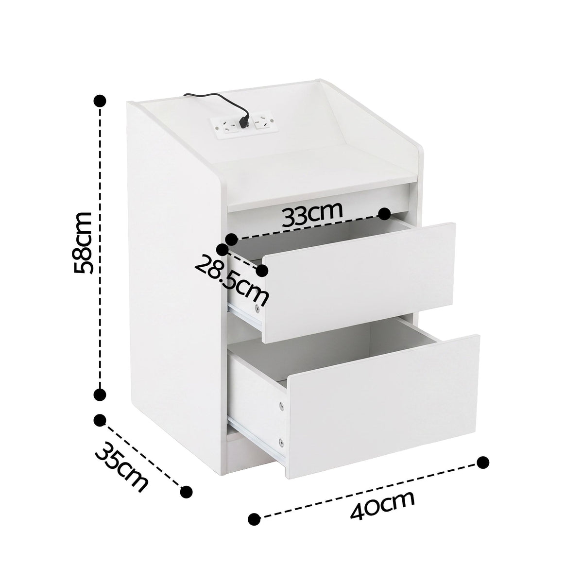 Artiss Bedside Table Nightstand with Charging Station 2 Drawers LED White
