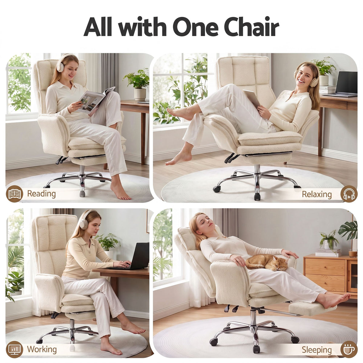 Artiss Big & Tall Criss Cross Office Chair with Flip Armrests Foot Rest Reclining Teddy Fleece Beige