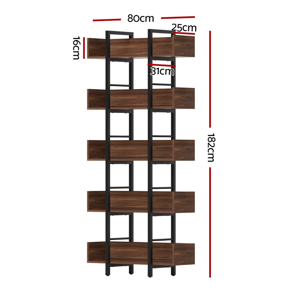 Artiss Bookshelf 5-Tier Bookcase Display Shelves Metal Storage Stand Rack Walnut