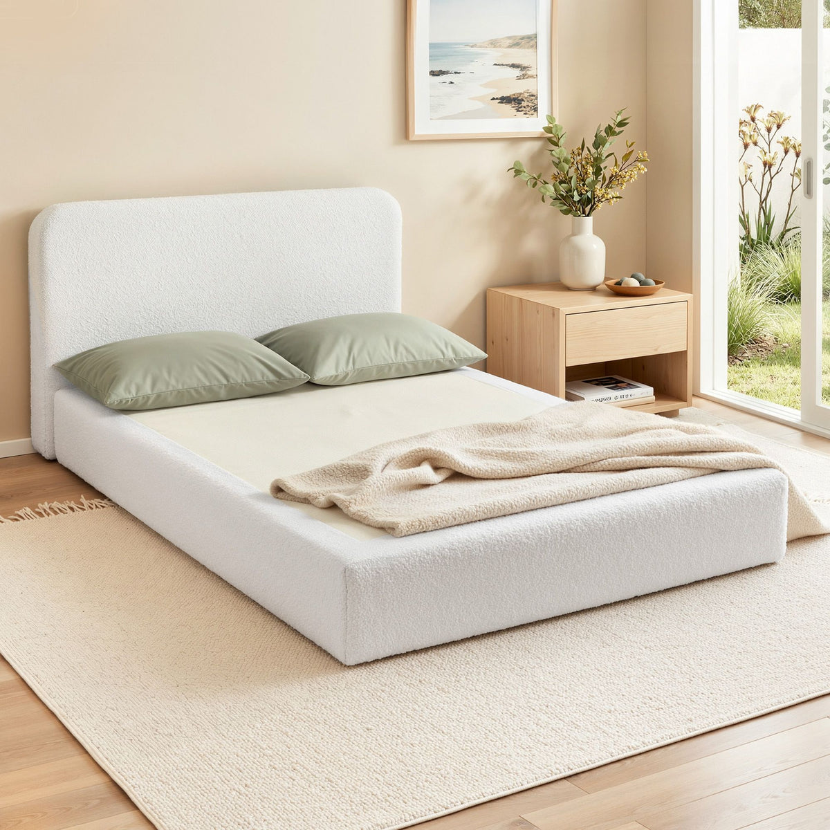 Artiss Compression Bed Frame Double Size No Assembly Vacuum High Density Sponge Boucle Cream White