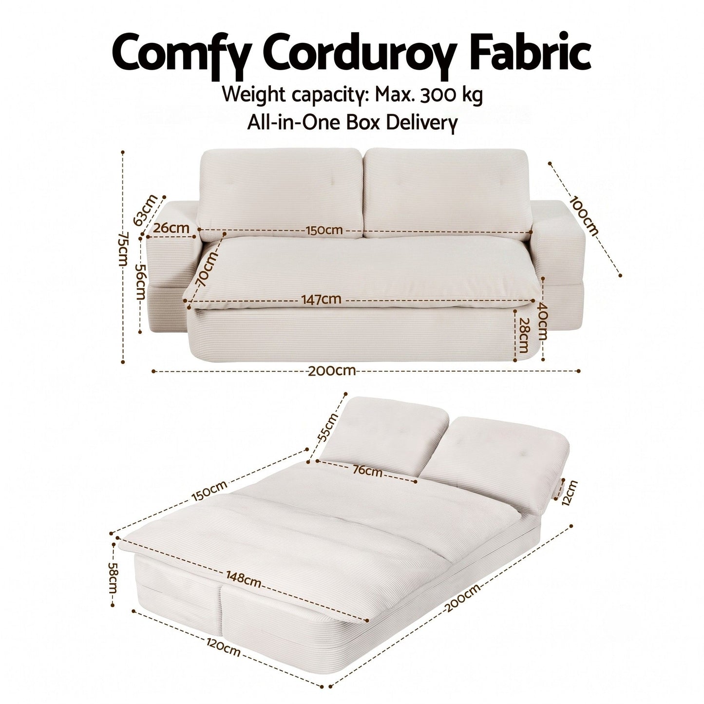 Artiss Convertible Folding Sofa Bed 30D High-Density Foam Boneless Couch with Corduroy Sleeper Couch Lounger for Living Room Beign