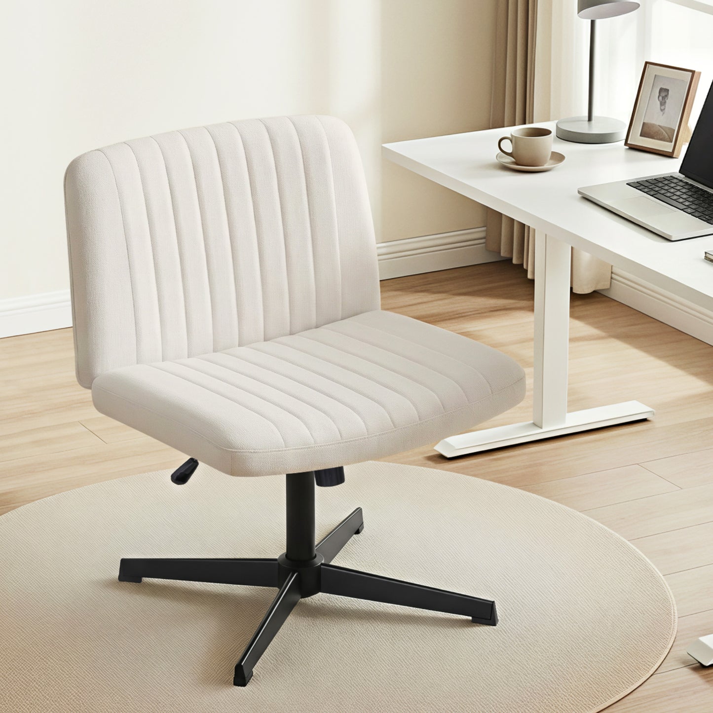Artiss Criss Cross Chair No Wheels Fabric Wide Cross Legged Office Desk Vanity Chair Armless, Height Adjustable, Swivel Home Office Chair for Home Computer Task, Beige