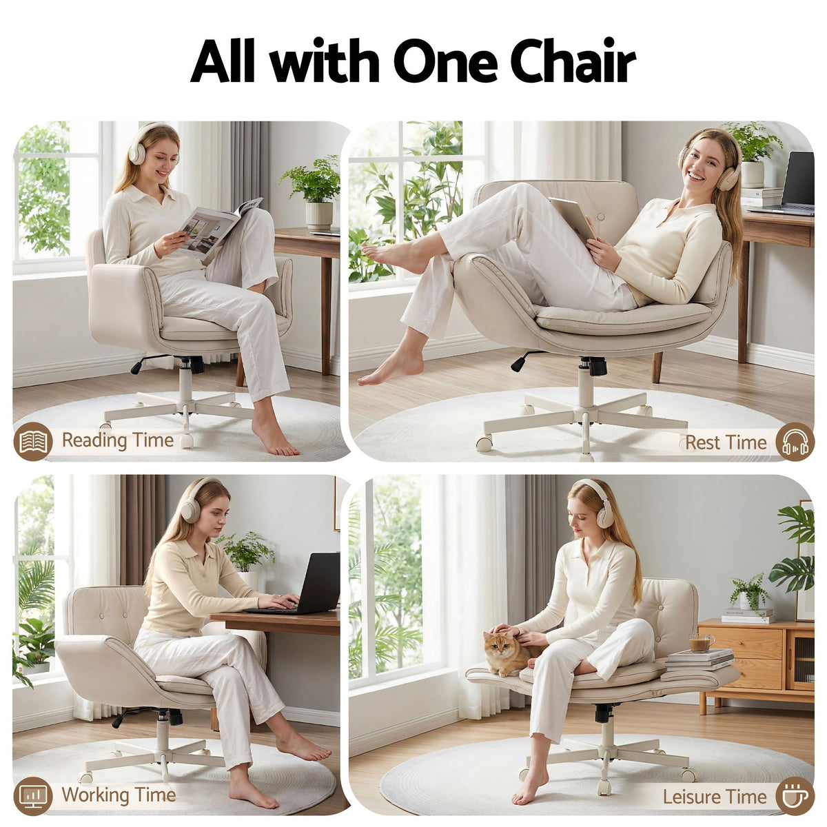Artiss Criss Cross Chair with Wheels & Adjustable Armrests, Ergonomic Cross Legged Office Desk Chair PU Leather Vanity Chair Swivel for Home, Make Up, Bedroom, Computer, Beige