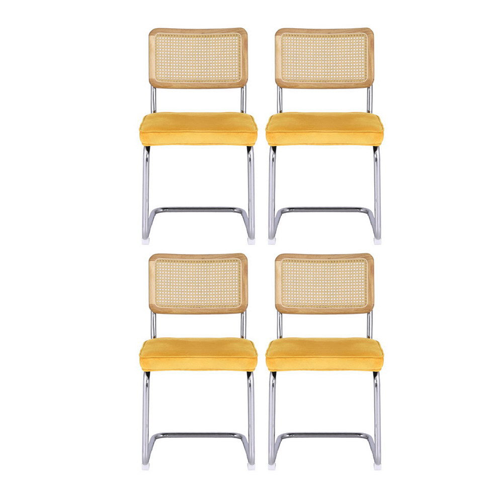 Artiss Dining Chairs Set of 4 Velvet Rattan Cantilever Yellow