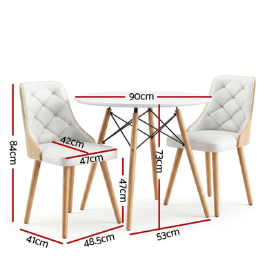 Artiss Dining Table and Chairs Set 3PCS 90cm 2 Seater Round Dining Set for Kitchen, Apartment, Dining Room White