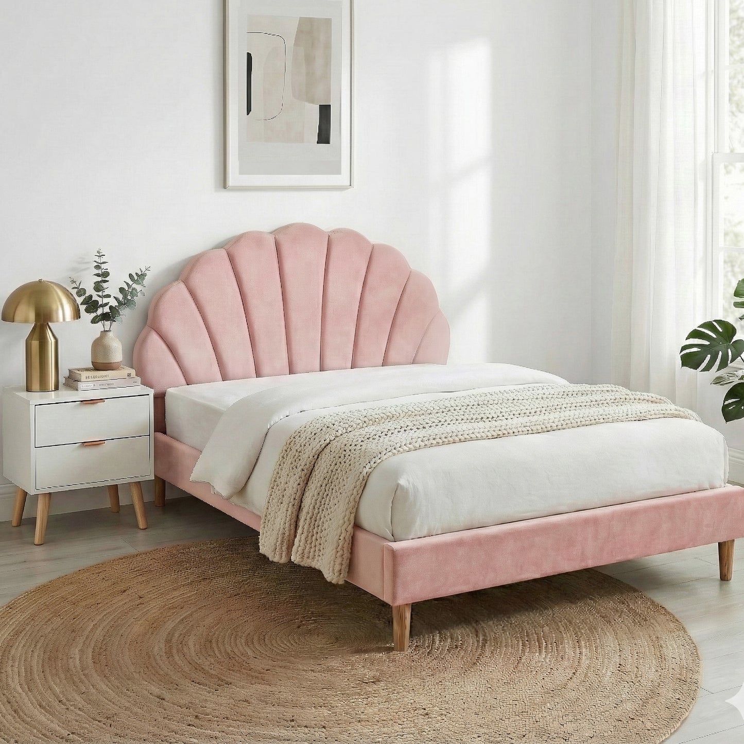 Artiss Double Bed Frame Scallop Headboard Pink Velvet with 2 Drawer Bedside Table