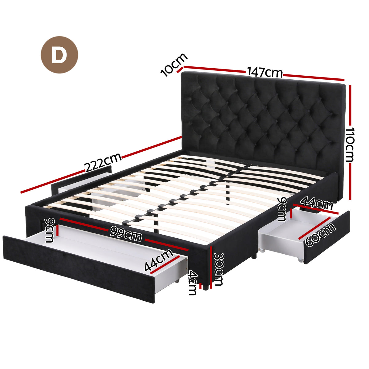 Artiss Double Bed Frame Storage Charging Station Upholstered 3 Drawers USB Type-C