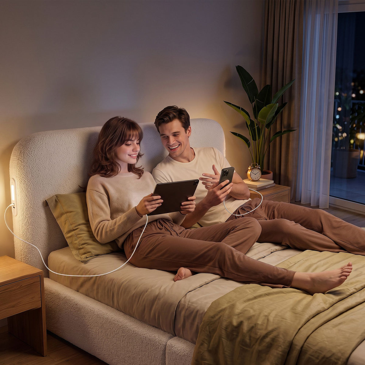 Artiss Double Bed Frame with 100cm Bouclé Headboard, USB-C & Night Lights