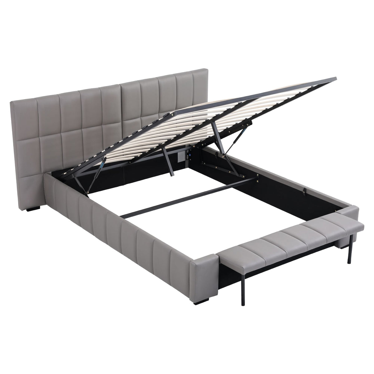 Artiss Double Size Upholstered Gas Lift Bed Frame with Foldable Bench PVC Leather Platform Bed with Storage