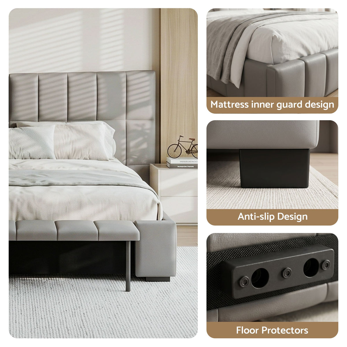 Artiss Double Size Upholstered Gas Lift Bed Frame with Foldable Bench PVC Leather Platform Bed with Storage