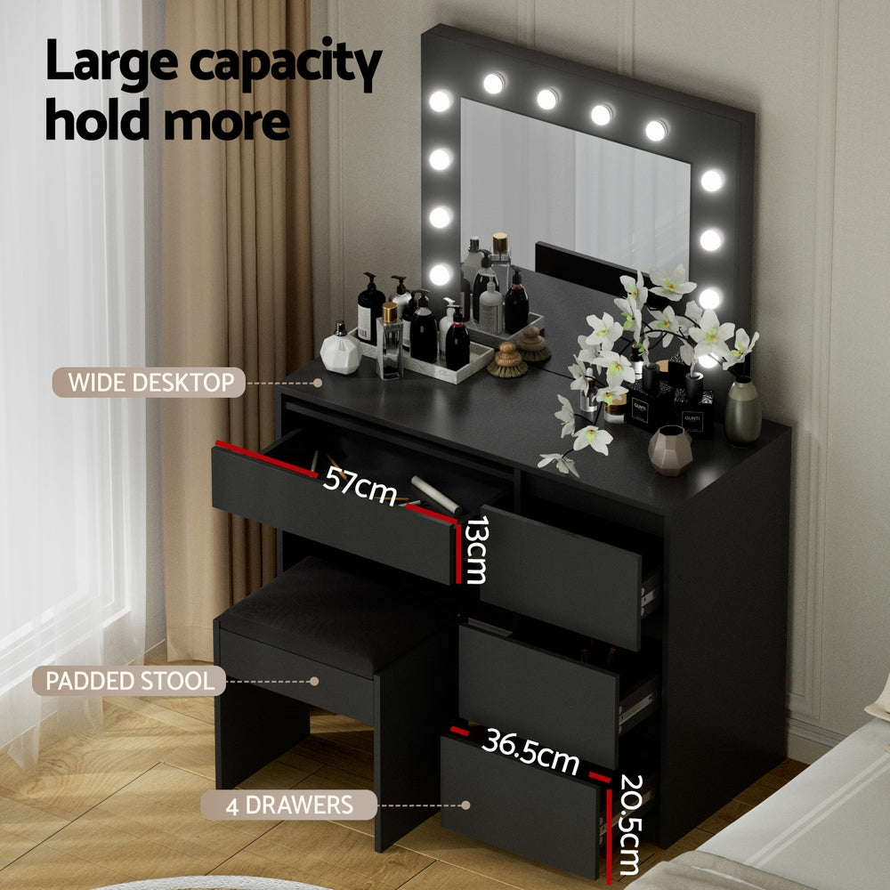 Artiss Dressing Table Set Stool 12 Led Bulbs Black