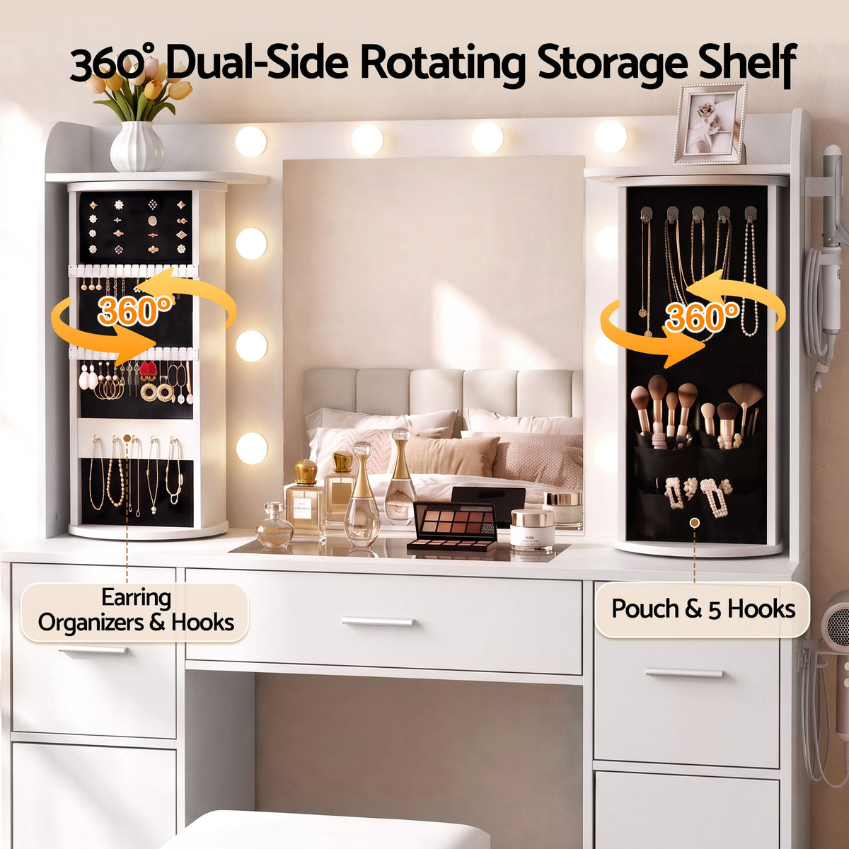 Artiss Dressing Table Vanity Desk LED Mirror Stool Set Charging Station Glass Top Rotating Shelf White