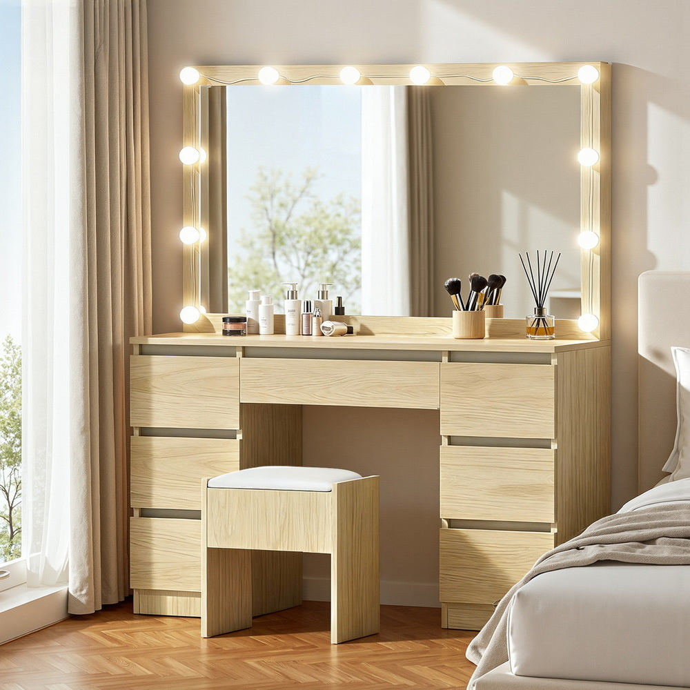 Artiss Dressing Table Vanity Desk Set Stool 12 Led Bulbs Wood