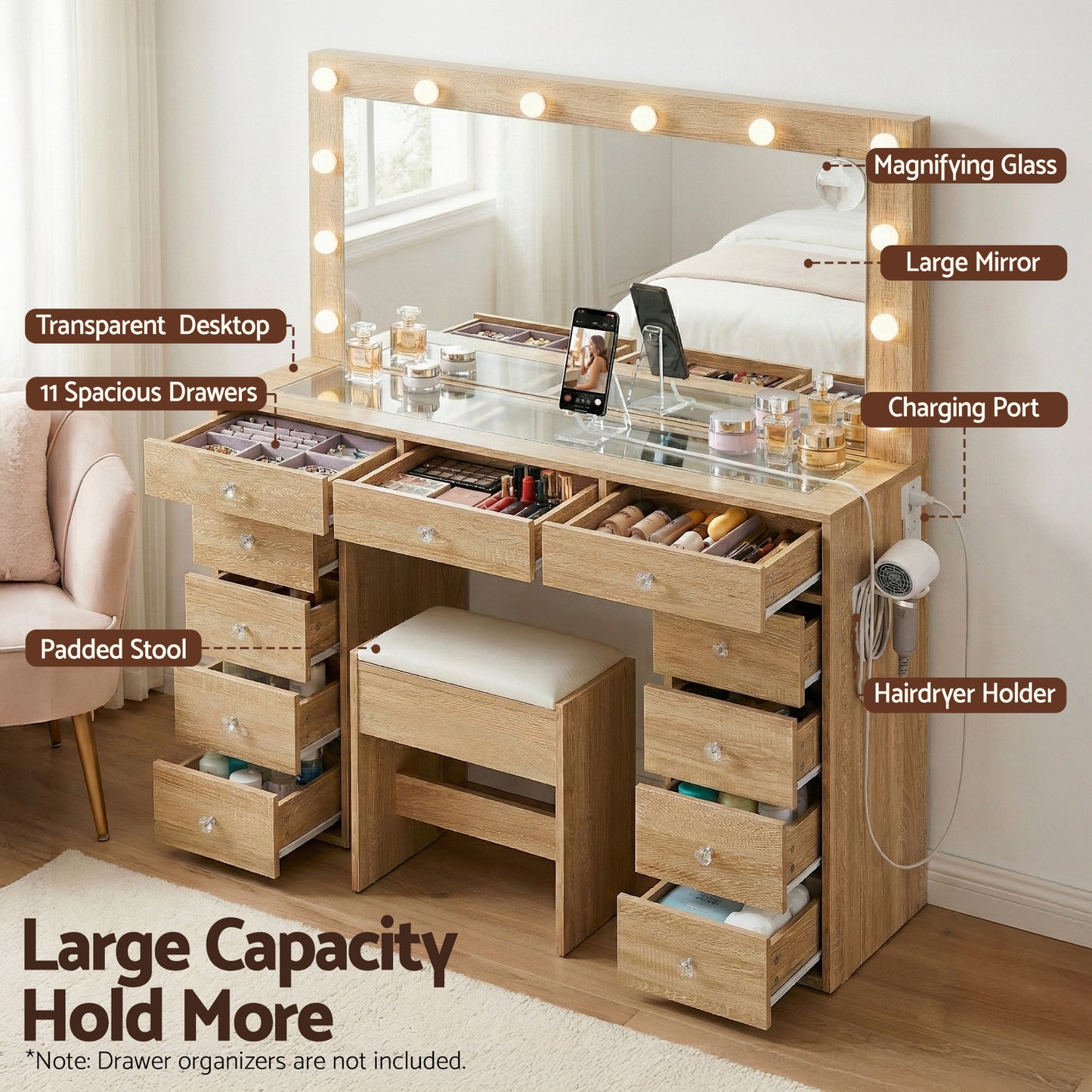 Artiss Dressing Table Vanity Desk Set Stool LED Bulbs Wood
