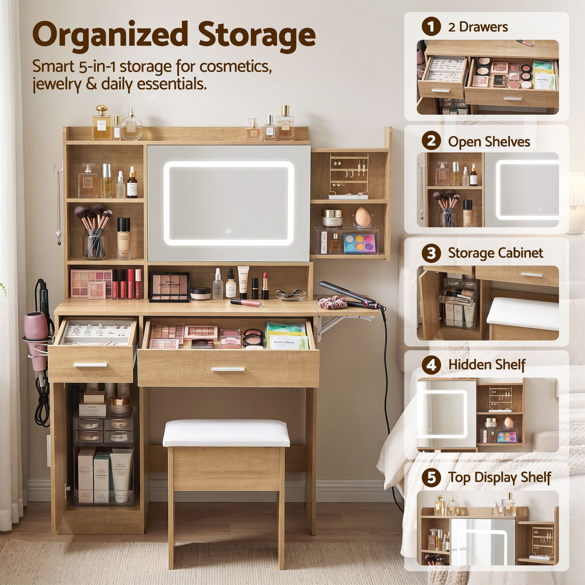 Artiss Dressing Table Vanity Desk Set Stool LED Charging Station Wood