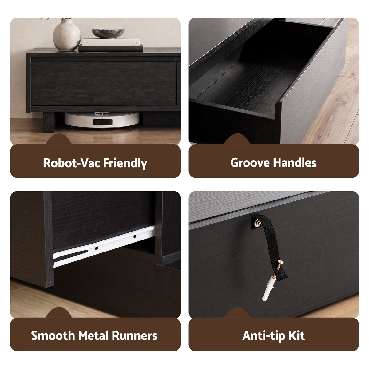 Artiss Extendable TV Unit 200CM 3 Storage Drawers Dark Walnut & Black