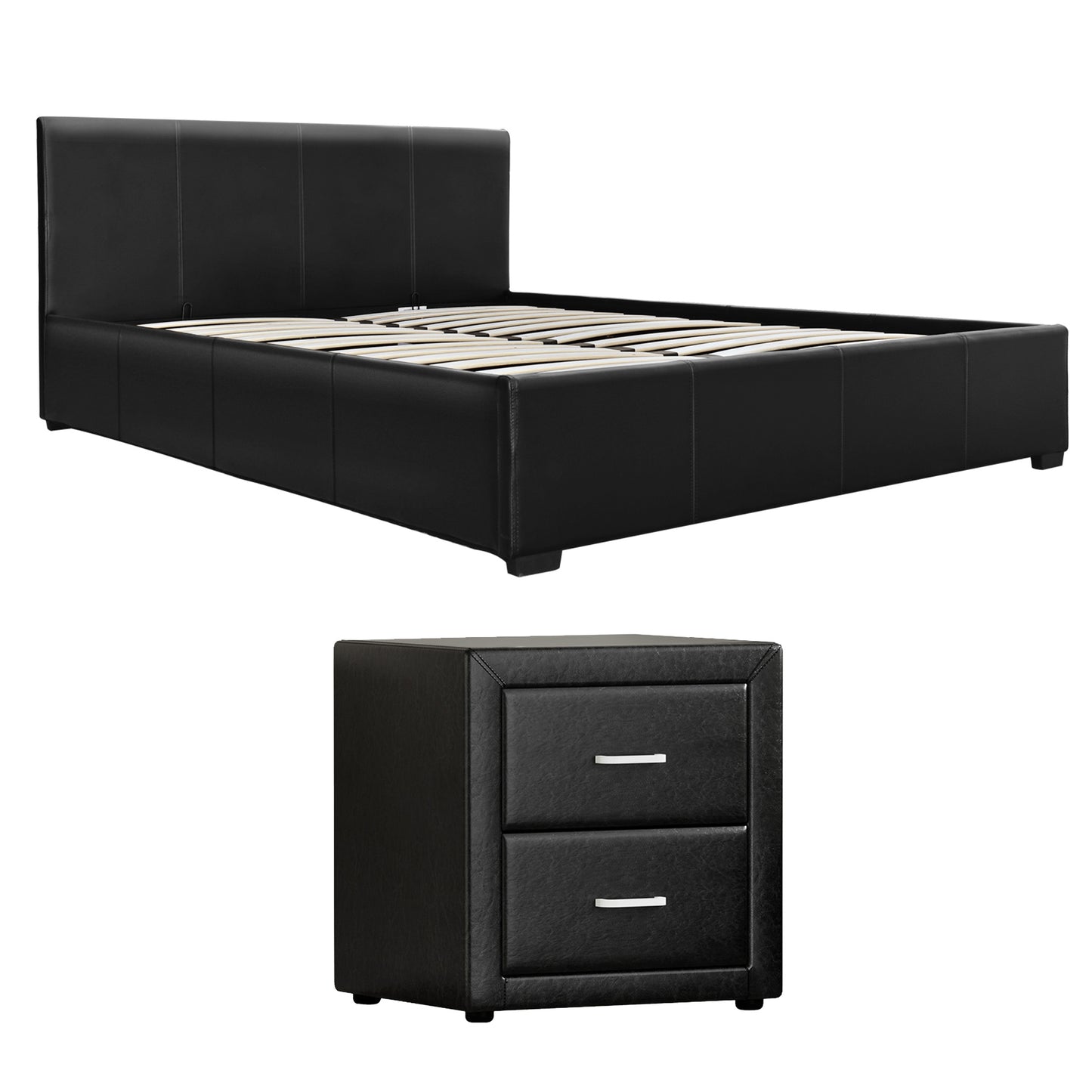 Artiss Gas Lift Queen Bed Frame and Bedside Table Set Leather Black