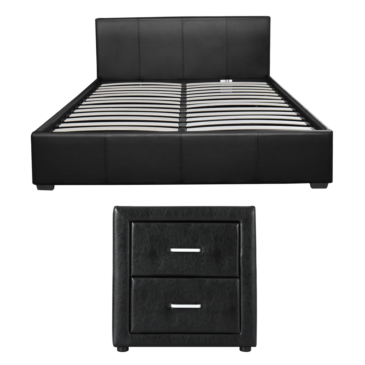 Artiss Gas Lift Queen Bed Frame and Bedside Table Set Leather Black