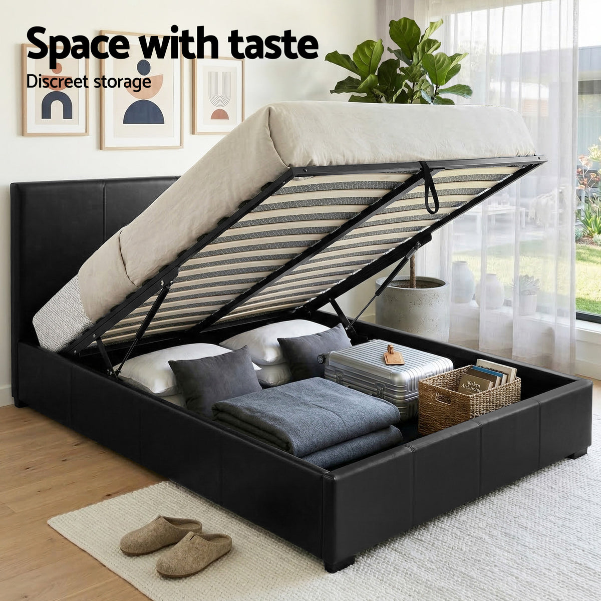 Artiss Gas Lift Queen Bed Frame and Bedside Table Set Leather Black