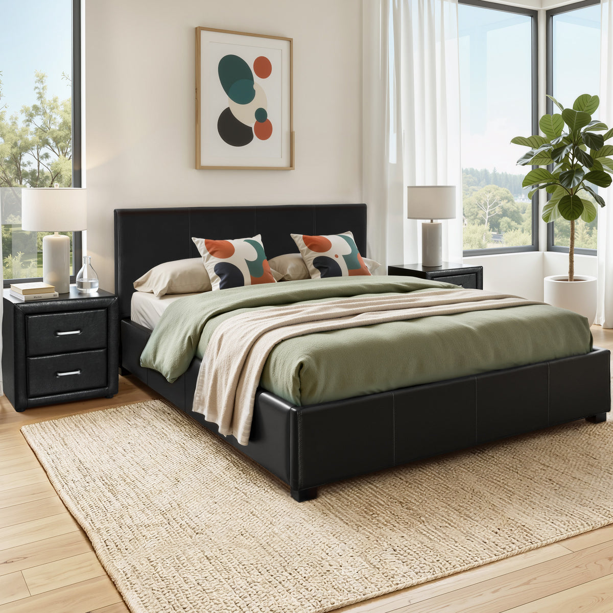Artiss Gas Lift Queen Bed Frame and Bedside Table Set Leather Black