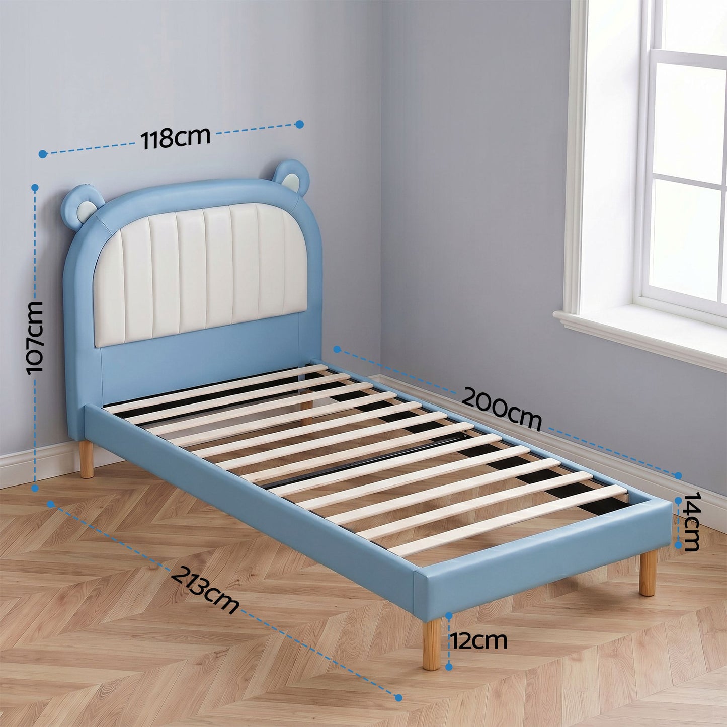 Artiss Kids King Single Bed Frame Upholstered Bear Headboard Waterproof Leather Boys Bed 180kg Capacity Blue and White