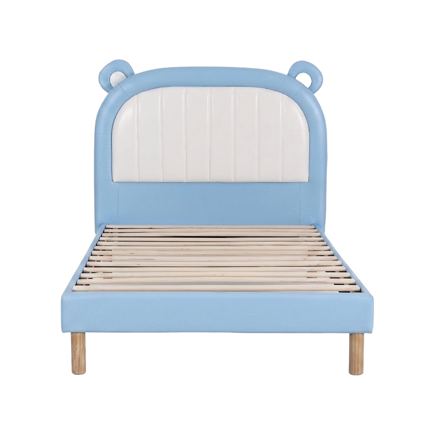 Artiss Kids King Single Bed Frame Upholstered Bear Headboard Waterproof Leather Boys Bed 180kg Capacity Blue and White