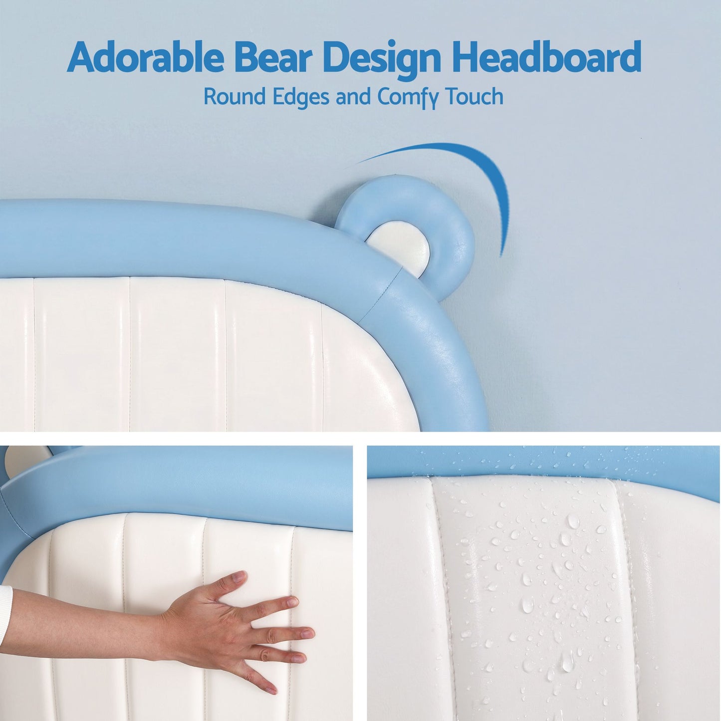 Artiss Kids King Single Bed Frame Upholstered Bear Headboard Waterproof Leather Boys Bed 180kg Capacity Blue and White