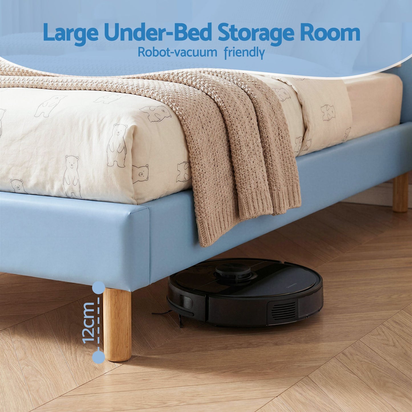 Artiss Kids King Single Bed Frame Upholstered Bear Headboard Waterproof Leather Boys Bed 180kg Capacity Blue and White