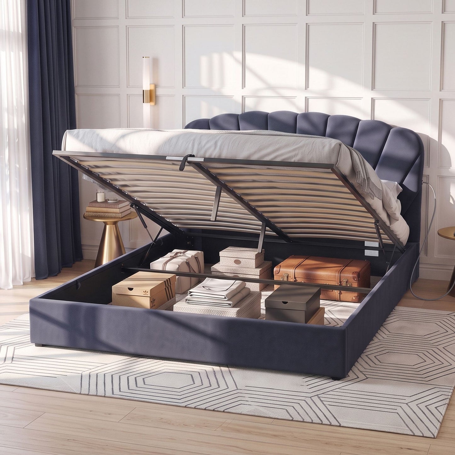 Artiss King Bed Frame with Lift Up Storage and USB Ports Grey