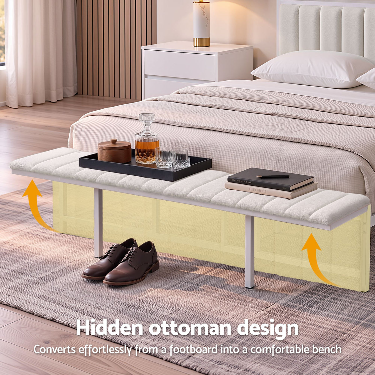 Artiss King Metal Bed Frame Boucle Headboard Charging Station Side Table White