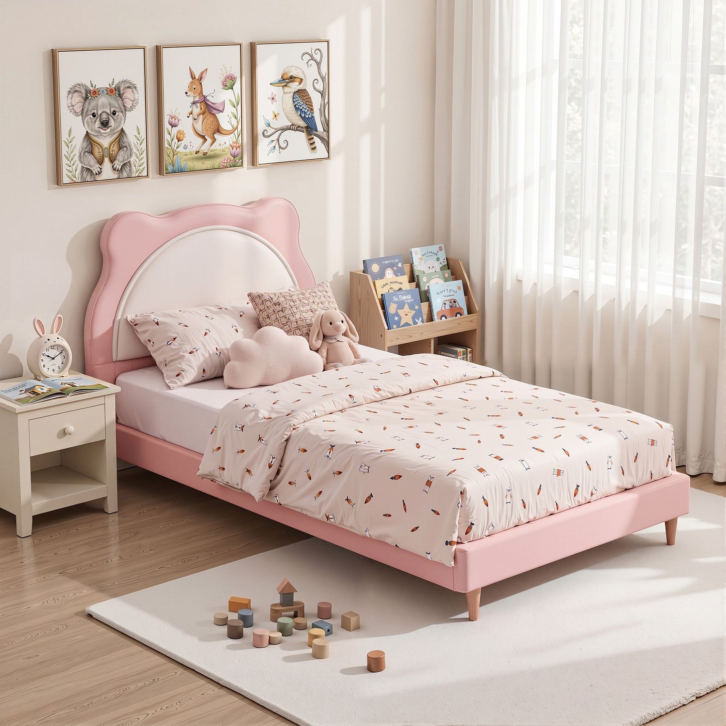 Artiss King Single Pink Kids Bed Frame for Girls Bedroom Cute Animal Upholstered