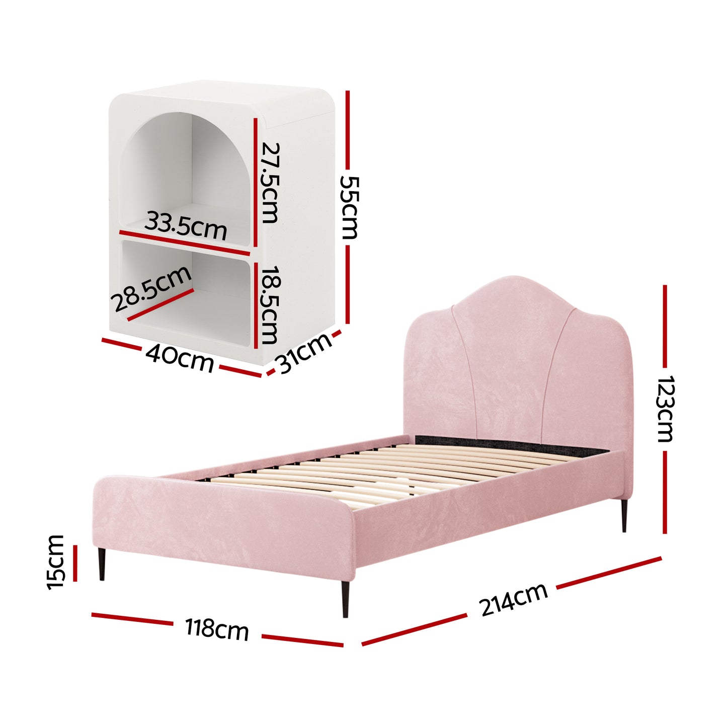 Artiss King Single Storage Bed Frame Velvet with Bedside Table Pink