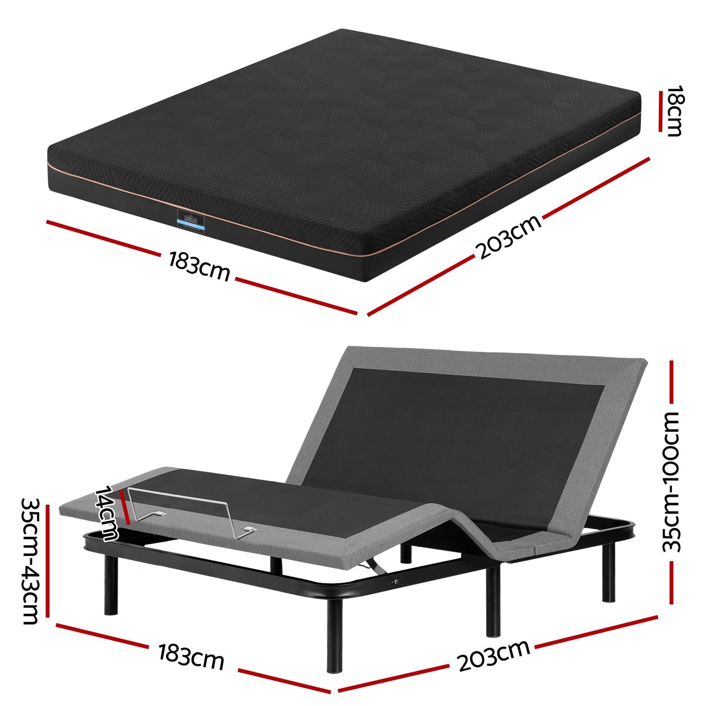 Artiss King size bed frame with Giselle Bedding King Mattress, adjustable bed Base Combo for Snoring Relief, Independent Head Foot Incline, Wireless Remote, Black,18cm Thickness