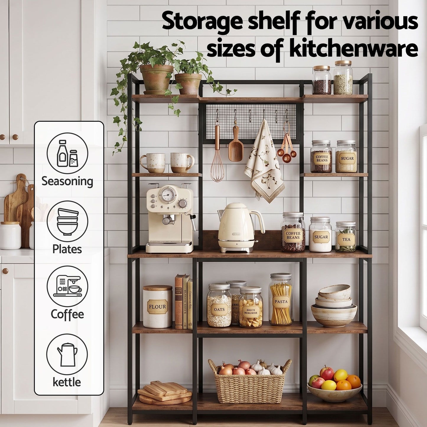 Artiss Kitchen Rack with 6 Hooks Microwave Storage Shelf 120cm x 170cm