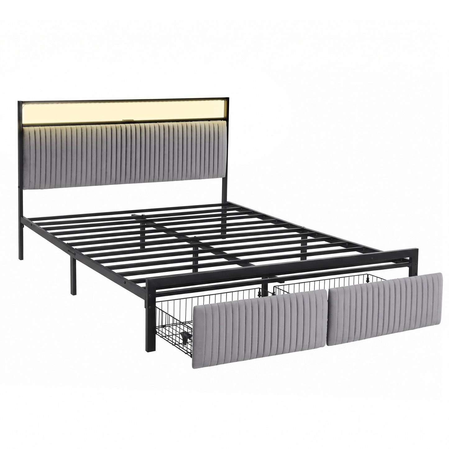 Artiss Metal Bed Frame Queen Size LED Charging Station 2 Drawers
