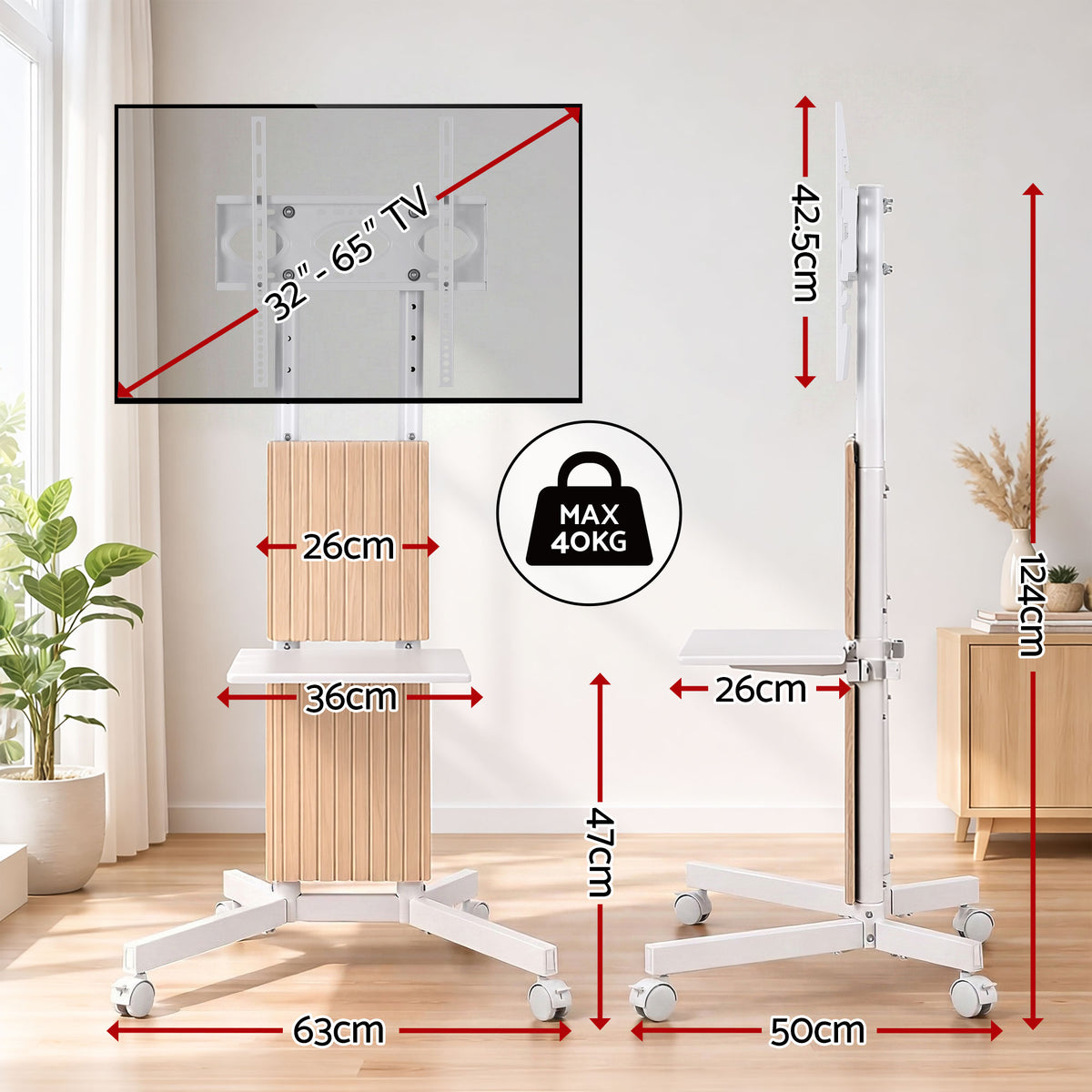 Artiss Mobile TV Floor Stand for 32-65" Mount Bracket Universal Adjustable Height with Wheels