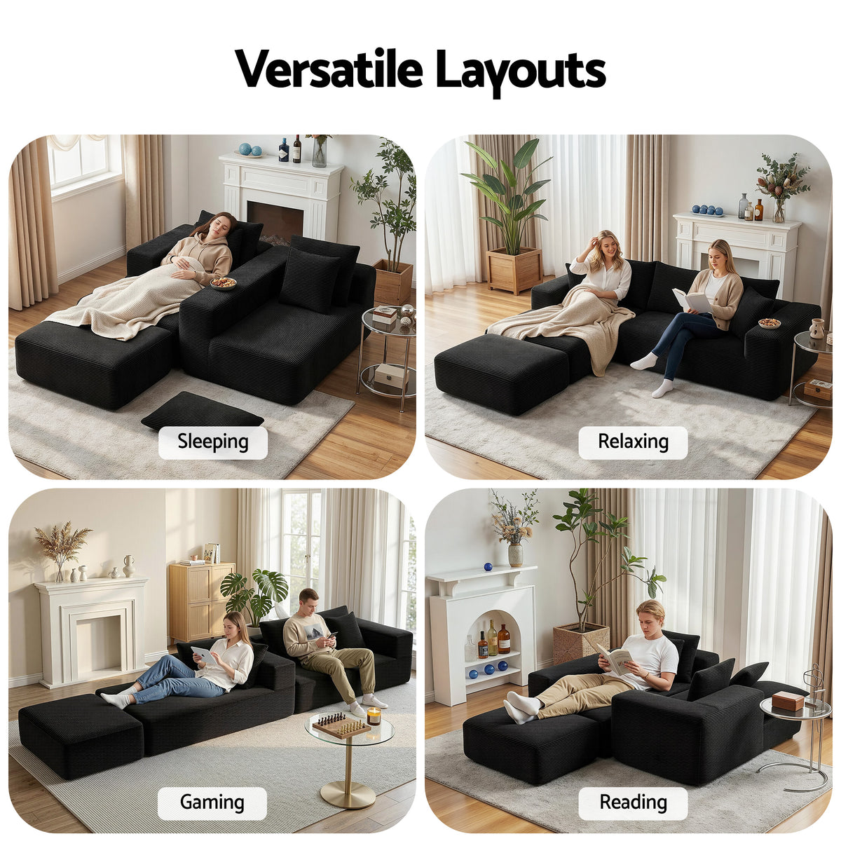 Artiss Modular Sofa Bed with Ottoman Sectional Boneless Couches for Living Room Corduroy Compressed Sofa Black