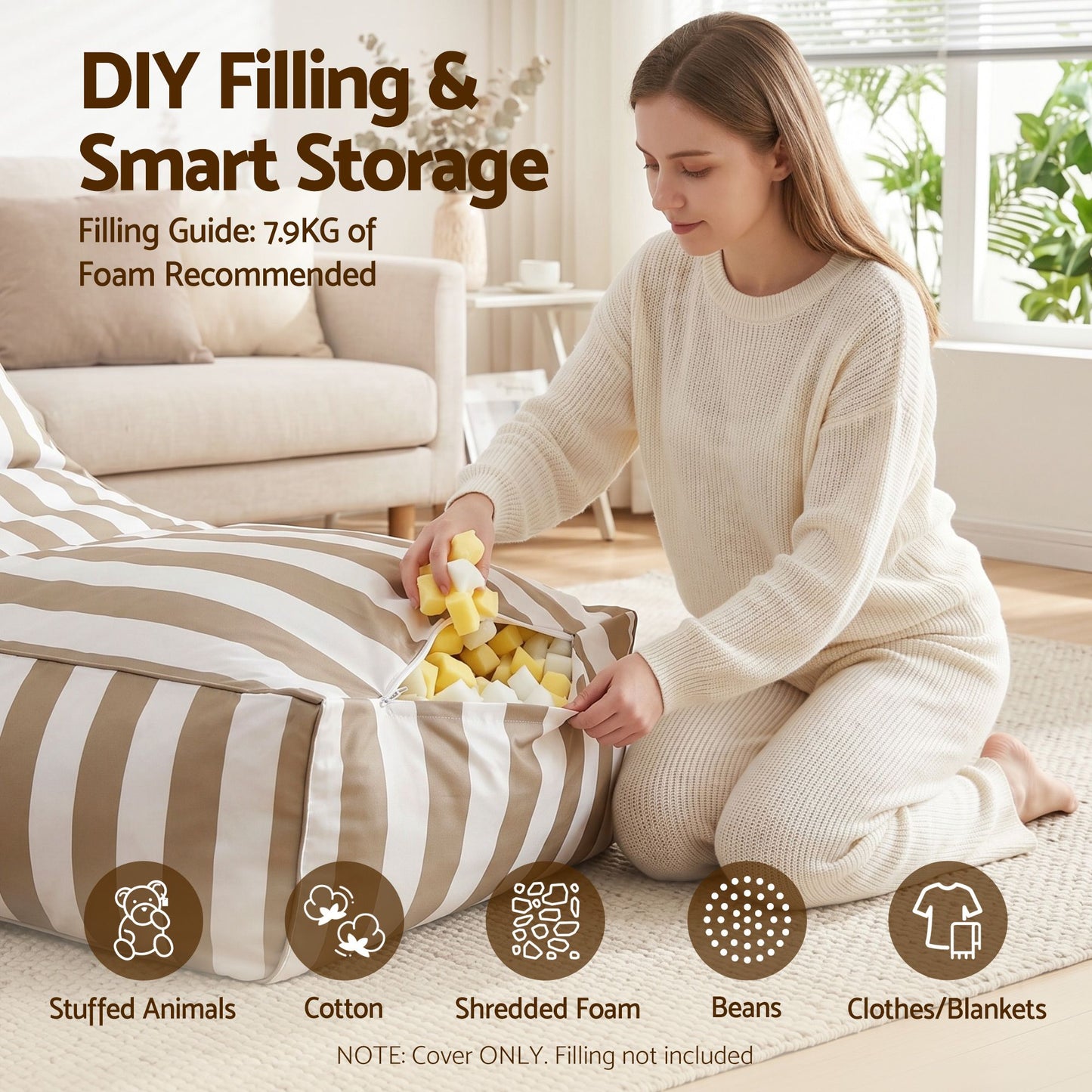 Artiss Outdoor Bean Bag Chair Cover (No Filler) Splash-Proof Beanbag Lounge Sofacover Stuffed Animal Storage Bean Bag Cover for Patio Poolside Relaxing, Taupe