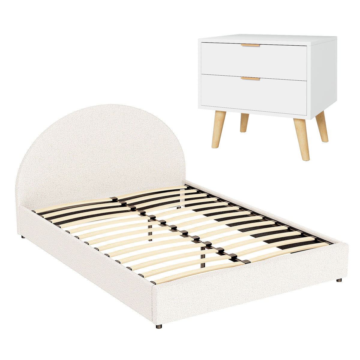 Artiss Queen Bed Frame Bedside Table Set Gas Lift Storage Base with Boucle Fabric Upholstered Headboard 2 Drawer Nightstand for Bedroom Furniture