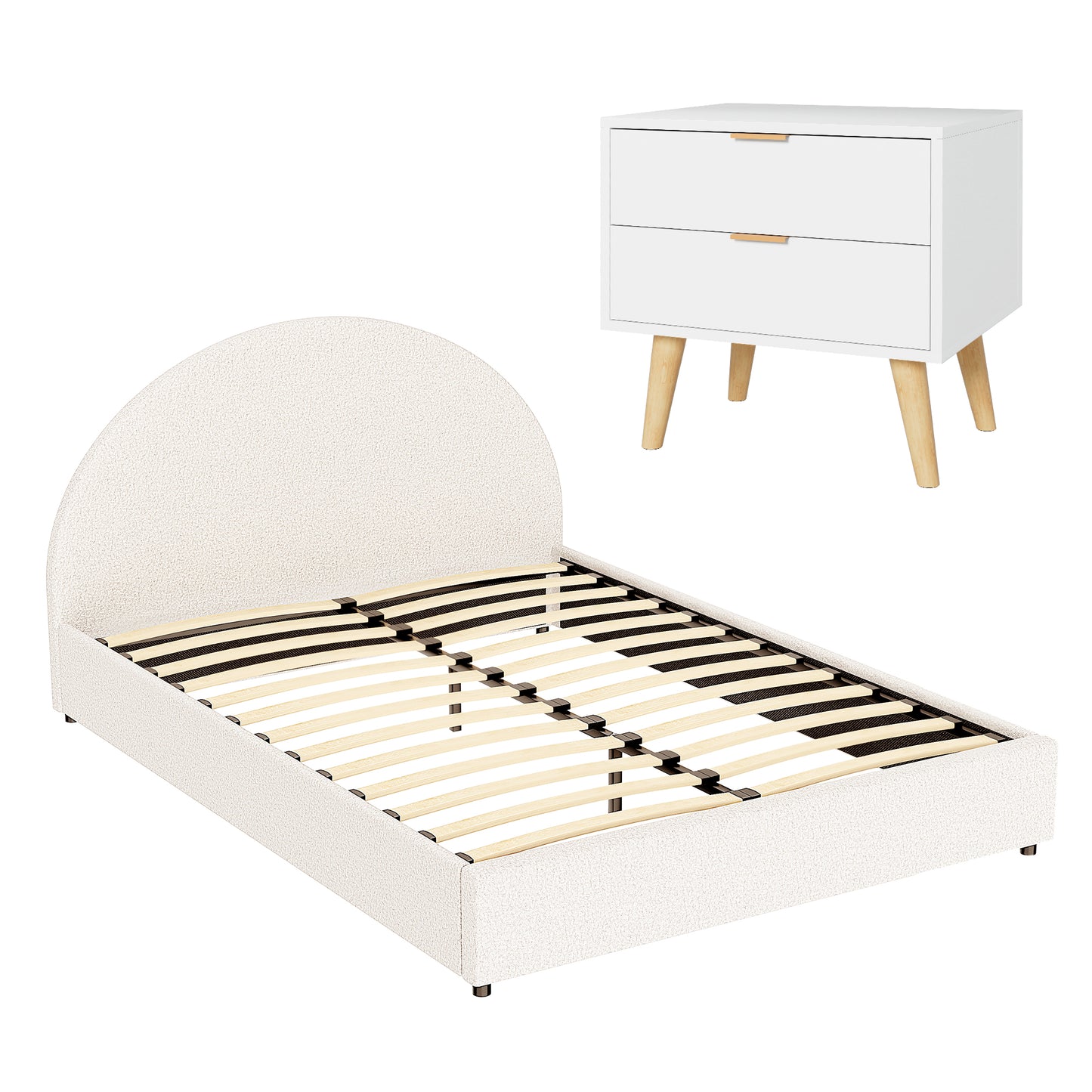 Artiss Queen Bed Frame Bedside Table Set Gas Lift Storage Base with Boucle Fabric Upholstered Headboard 2 Drawer Nightstand for Bedroom Furniture