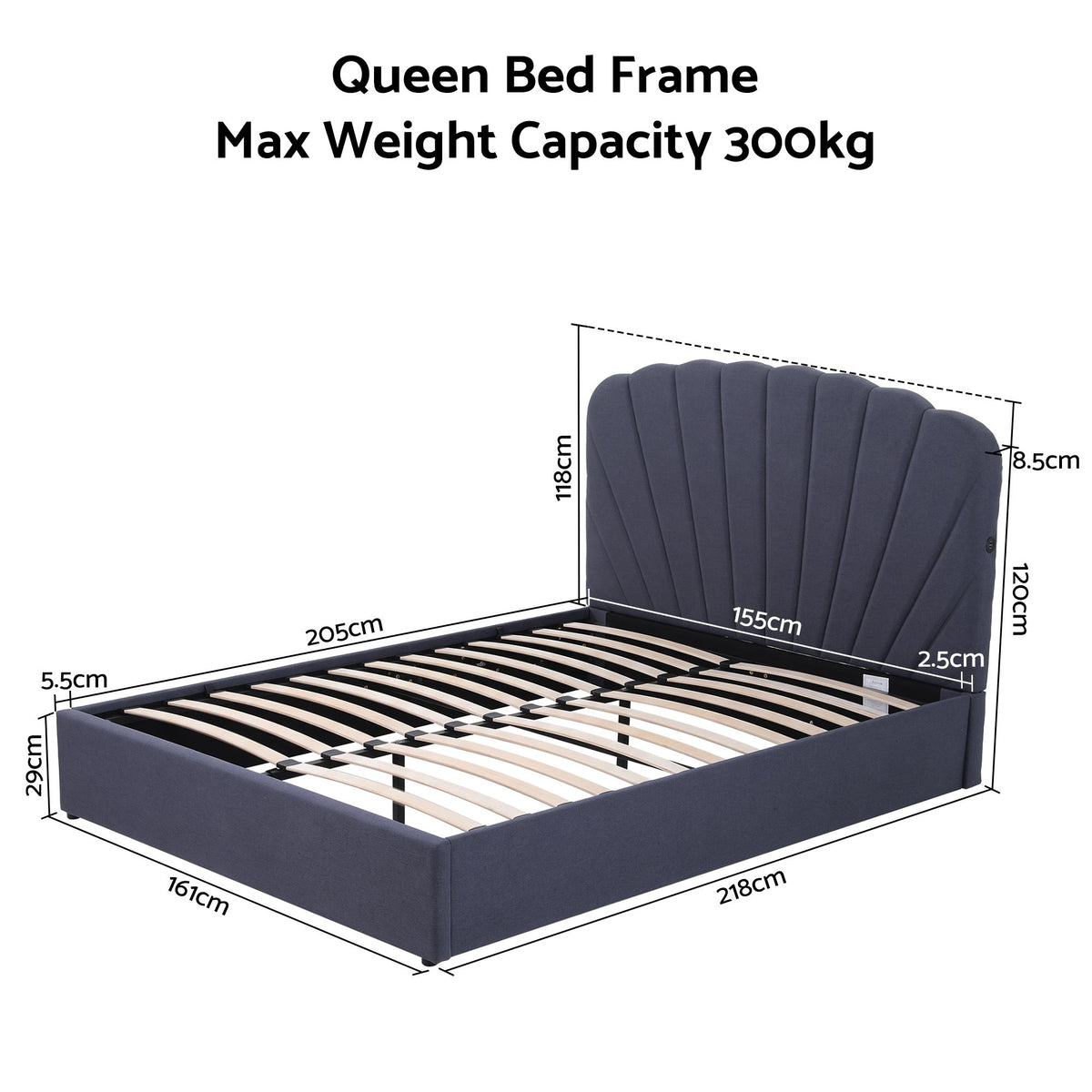 Artiss Queen Bed Frame with Lift Up Storage and USB Ports Grey