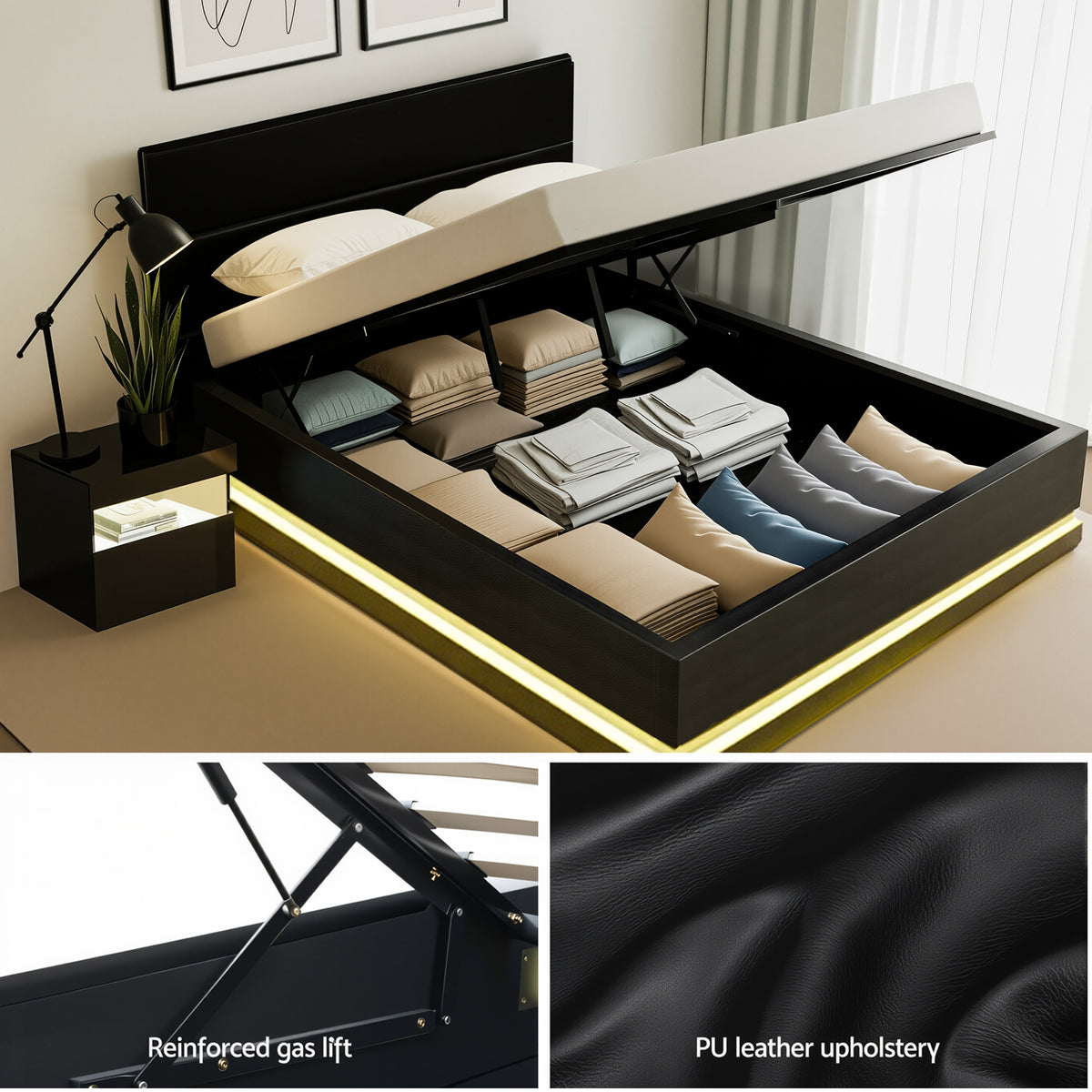 Artiss RGB LED Double Bed Frame with Beside Table Set 16 Colour Mood Lighting
