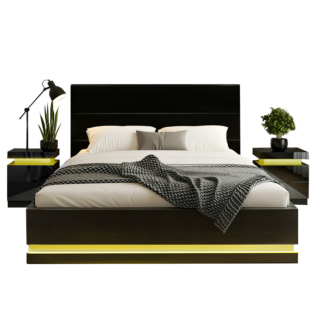 Artiss RGB LED Queen Bed Frame with 2 Beside Tables Set 16 Colour Mood Lighting