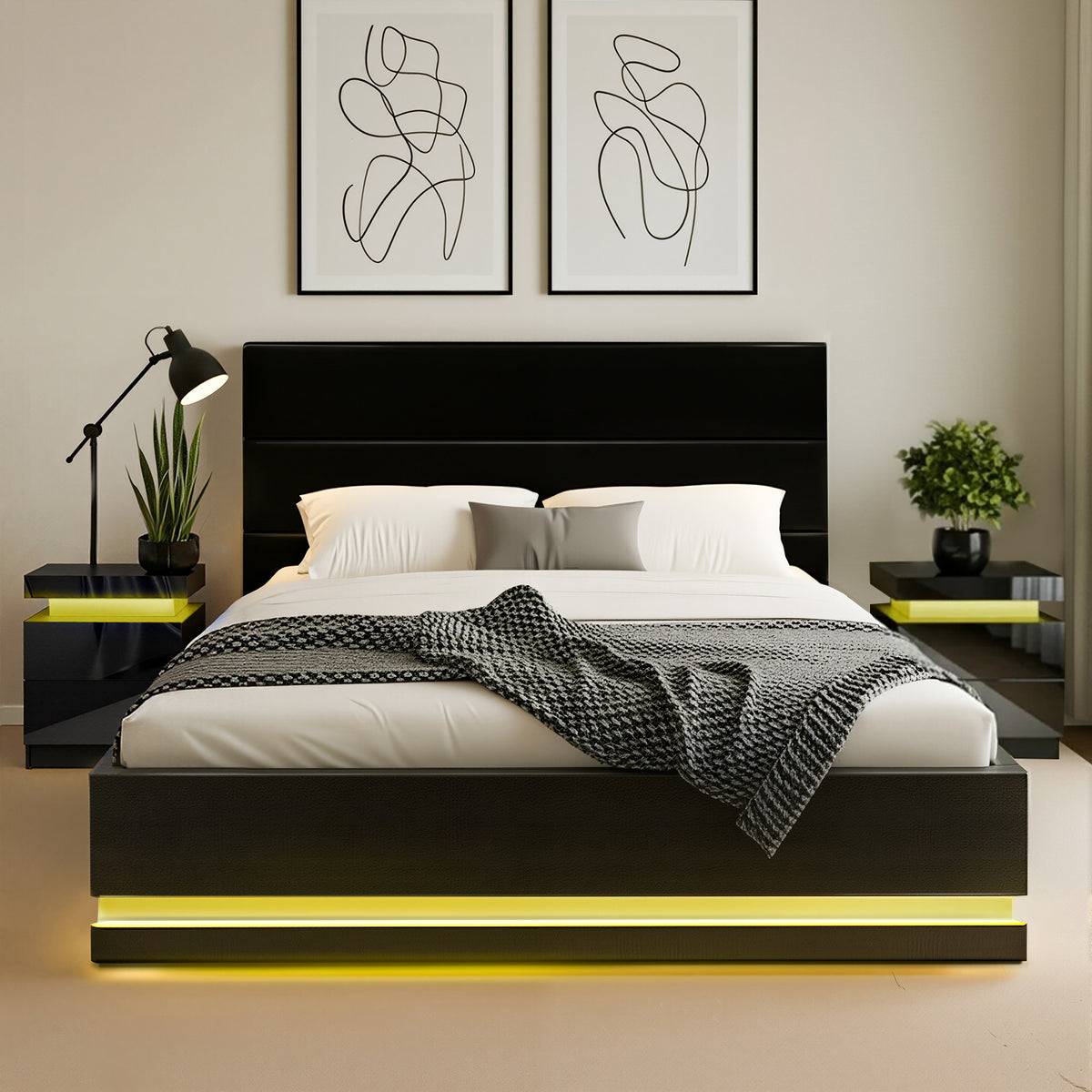 Artiss RGB LED Queen Bed Frame with 2 Beside Tables Set 16 Colour Mood Lighting